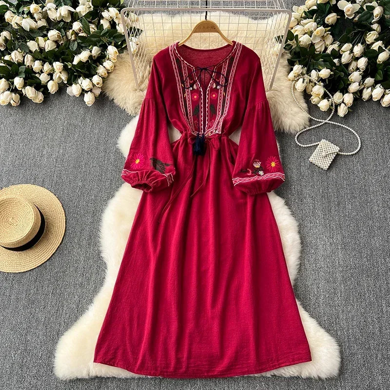 2026 New Spring Autumn Vacation Retro Ethnic Embroidery Dress Lantern Long Sleeve Waist Bohemian Dress A157