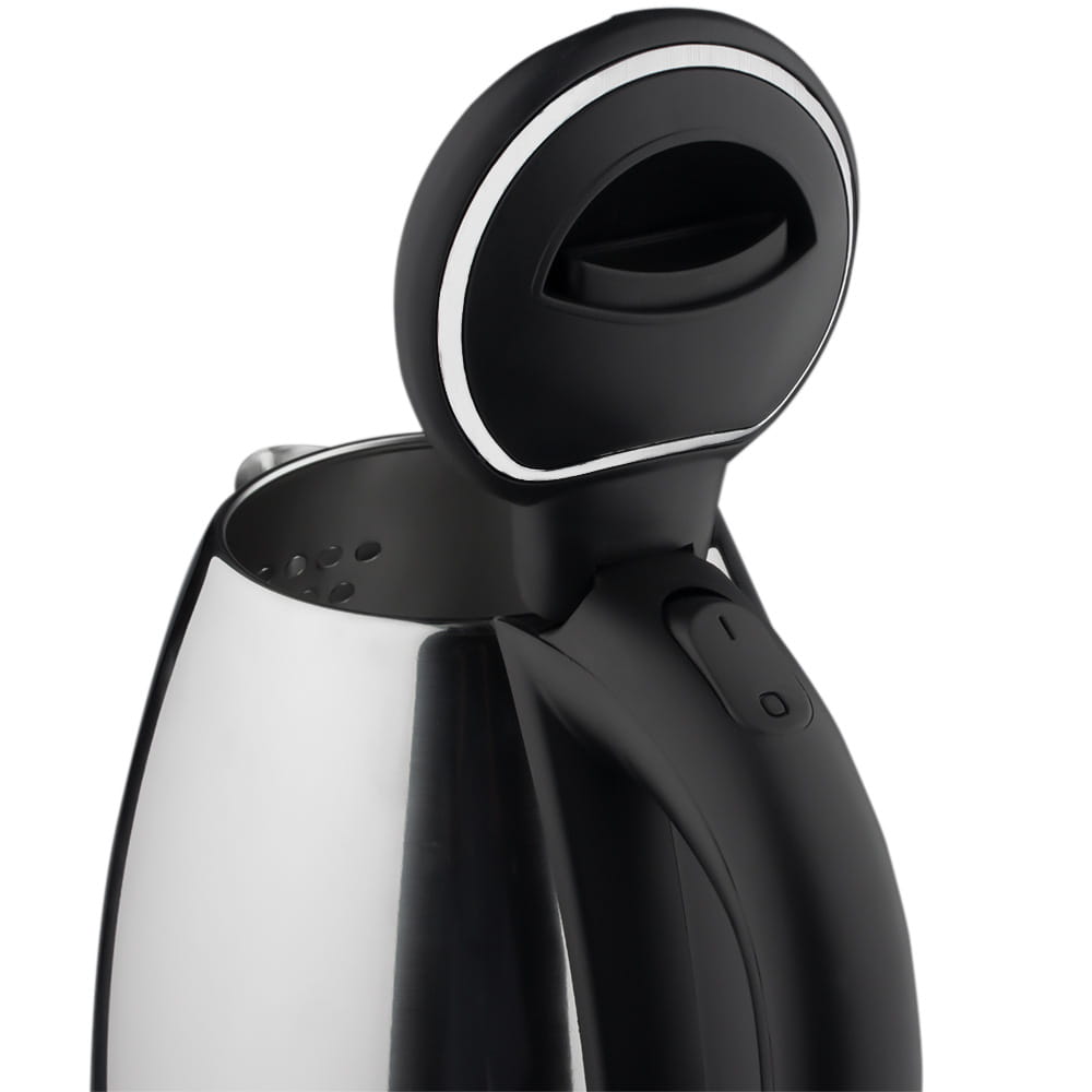 Schwarzer und Edelstahlelektro-Wasserkocher mit modernem Design, geschwungenem Griff und weißem, ringförmigem Akzent am Deckel; Edelstahlelektro-Wasserkocher 2 l 1500 W.