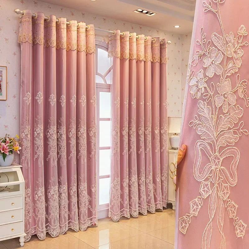European Luxury Curtains for Living Room Bedroom  Embossed Embroidered Double-layer Blackout Cloth Gauze Integrated Custom Tulle