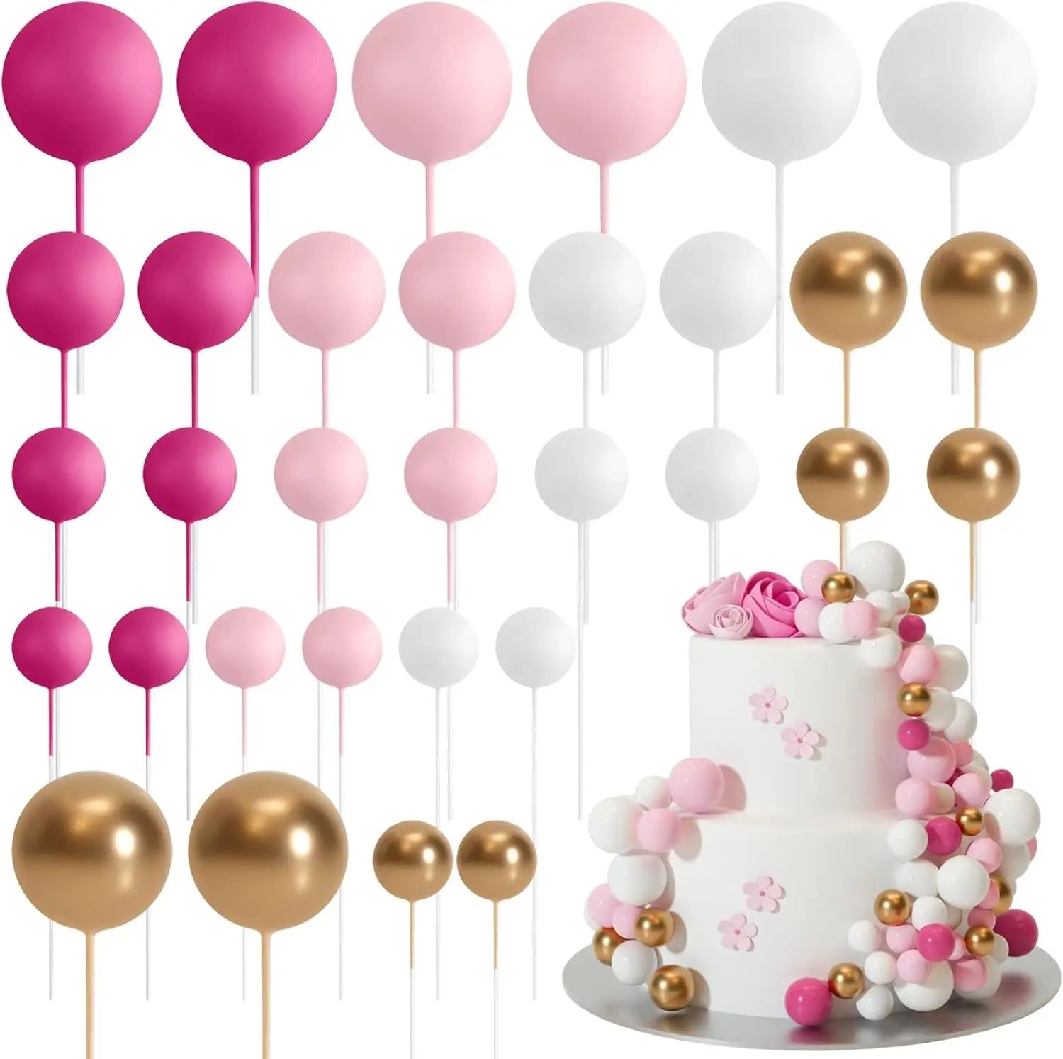ensemble de garnitures de gâteau en ballon en mousse rose, blanc et or avec bases sur tiges pour la décoration de mariage, fête d’anniversaire et décoration d’anniversaire.