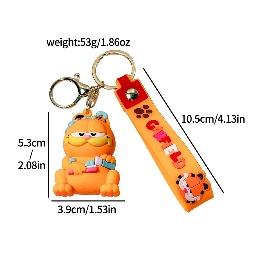 Orange Garfield rubber keychain with matching orange strap featuring the name Garfield and paw prints designed as an anime cat key pendant.