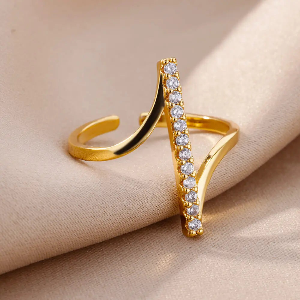 Zircon Geometric Rings For Women Gold Color Stainless Steel Opening Ring Luxury Wedding Party Aesthetic Jewerly Gift Femme 2024