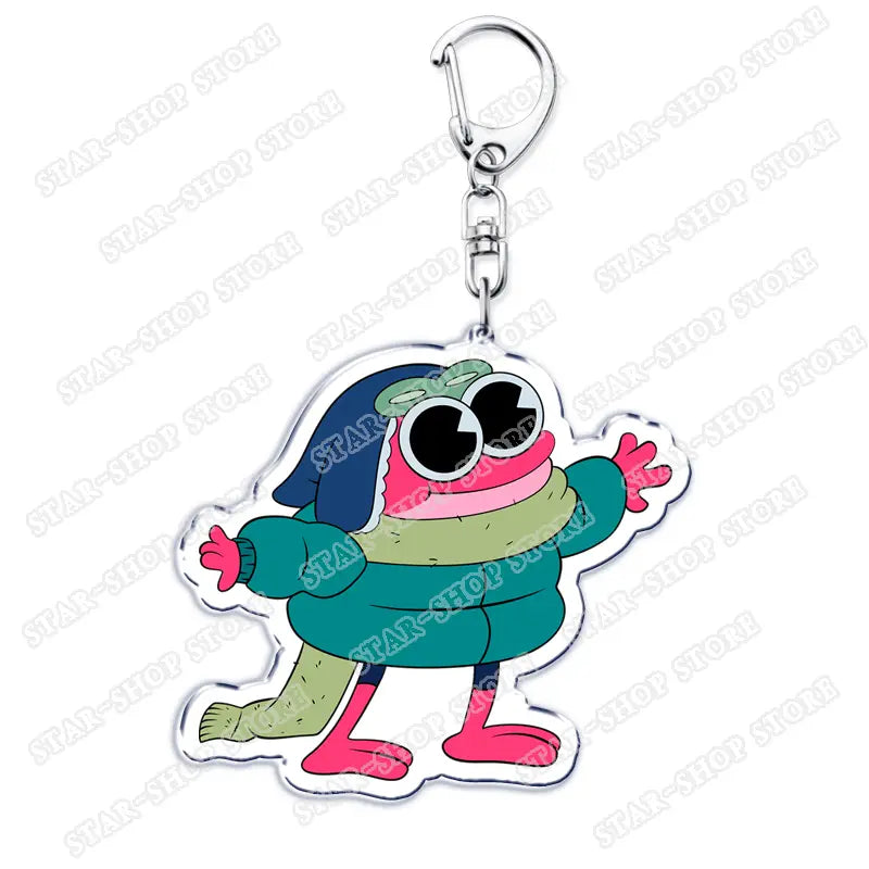 A colorful cartoonish frog-shaped acrylic keychain with a silver metal clasp and chain from the Amphibia anime collection.