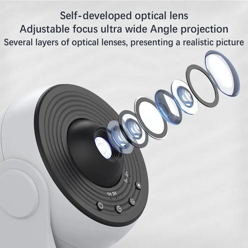 Galaxy-Projektor „Pro“ in Weiß und Schwarz mit einstellbarem Fokus und Ultra-Wide-Angle-Linse, ausgestattet mit mehreren optischen Schichten für eine realistische Projektion und mit Funktionsfähigkeit für weißes Rauschen.