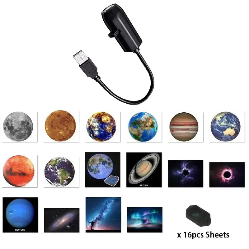Lámpara de proyección negra alimentada por USB con cable flexible y 16 calcomanías de imágenes celestes para la proyección de luz de estrellas de galaxia para la luna y la Tierra