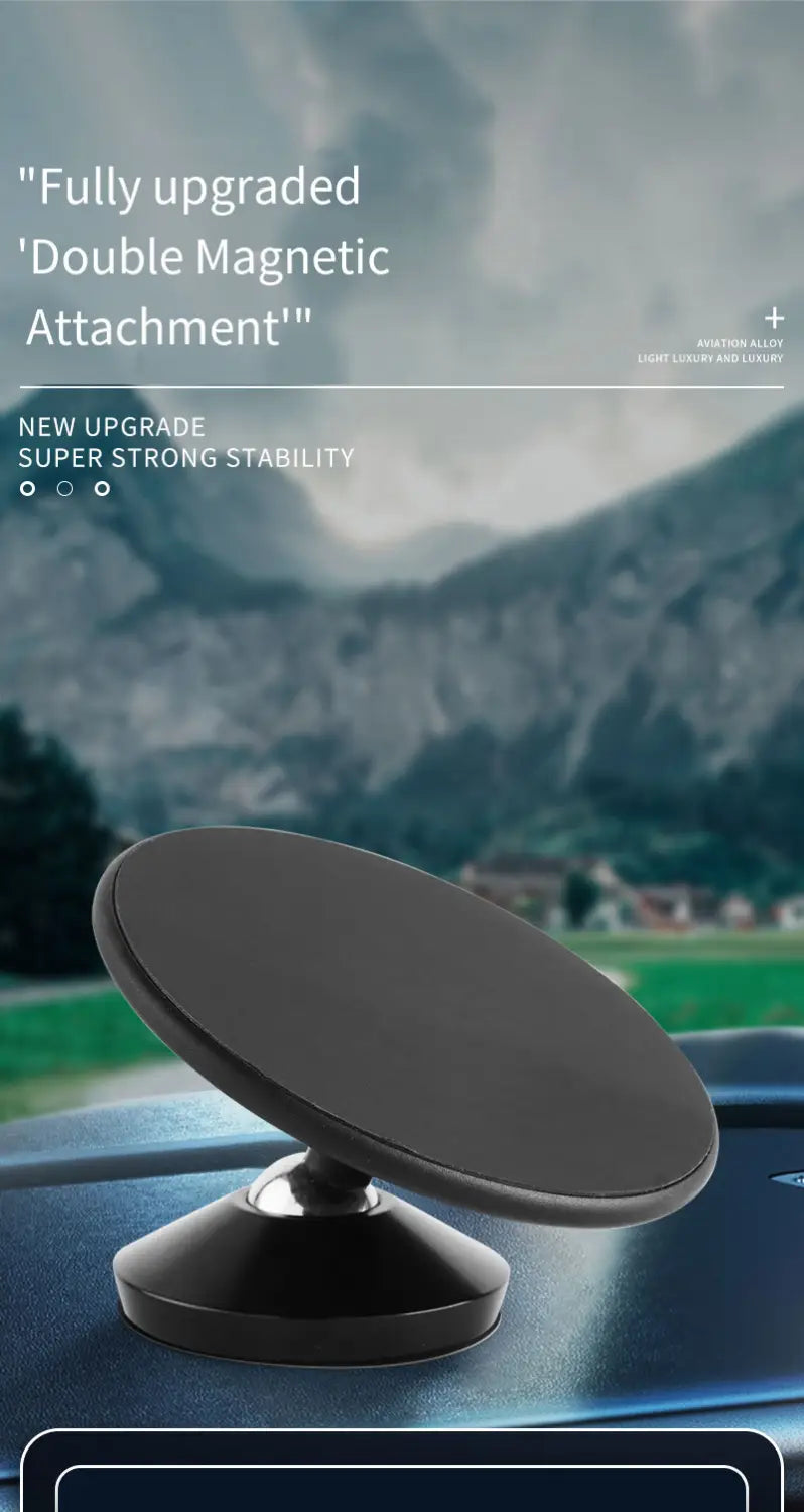 Soporte magnético negro de doble cara para teléfono con un diseño circular elegante y una base resistente, mostrado desde el ángulo frontal.