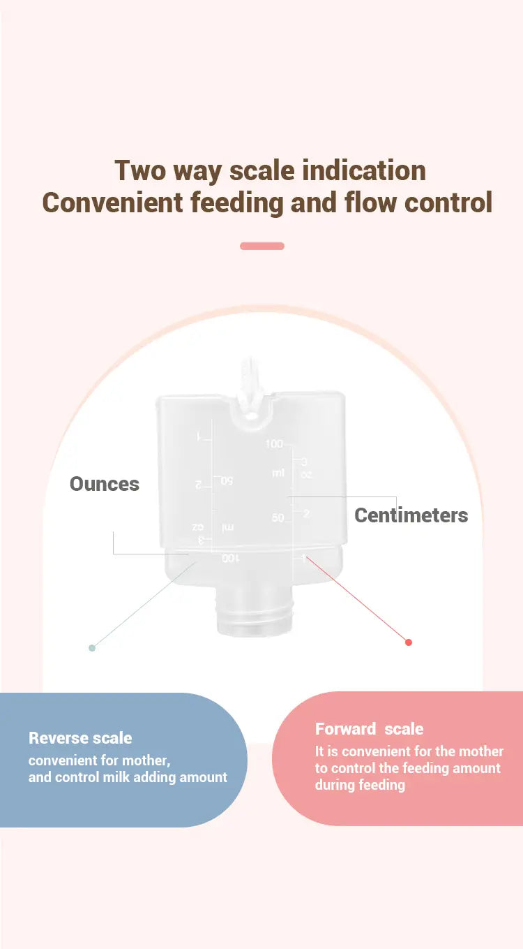 Klare Kunststoff-Babyflasche für ein Zusatzpflegesystem mit zwei Messskalen in Unzen und Zentimetern zur präzisen Steuerung der Fütterung bei Neugeborenen.