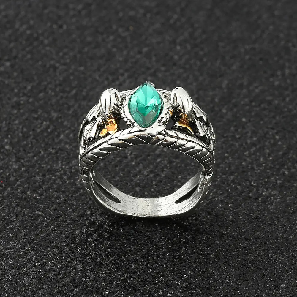 Silberner Aragorn-Ring von Barahir mit einem kunstvollen Drachenmotiv und einem zentralen tealfarbenen Edelstein für einen grünen Kristallschlangenring.