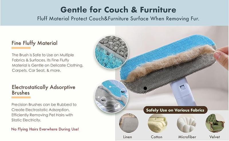 blue and gray electrostatically adsorptive brush head with fine fluffy material for gentle pet hair remover on couches and furniture in reusable pet hair remover for furniture and carpets