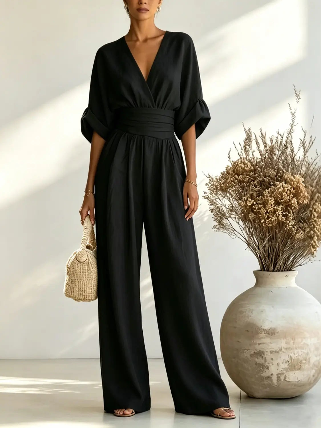 black satin v-neck wide-leg jumpsuit with cinched waistband shown from the back
