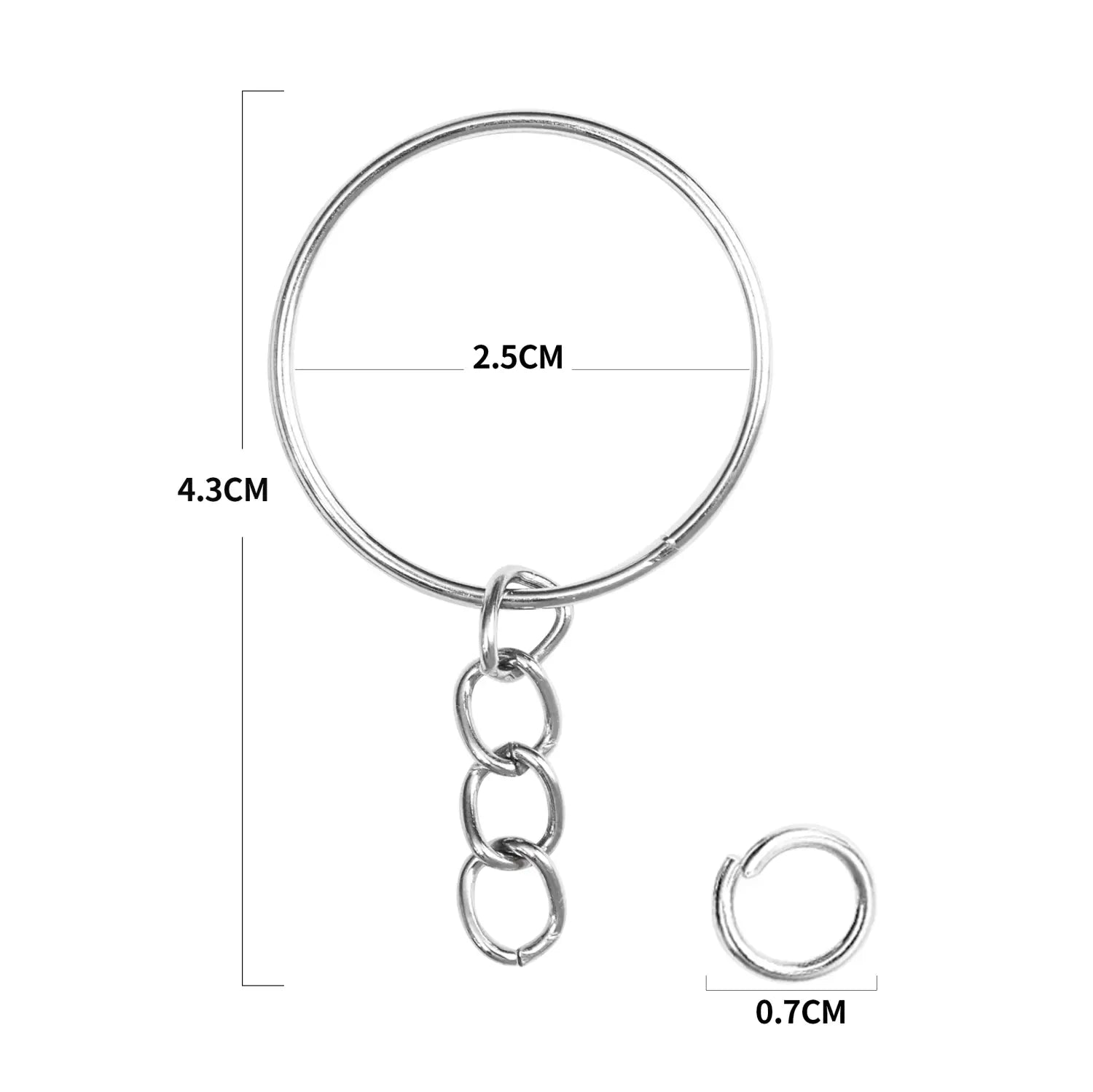 Silver metal keychain with a circular split ring and short chain designed for organizing keys.