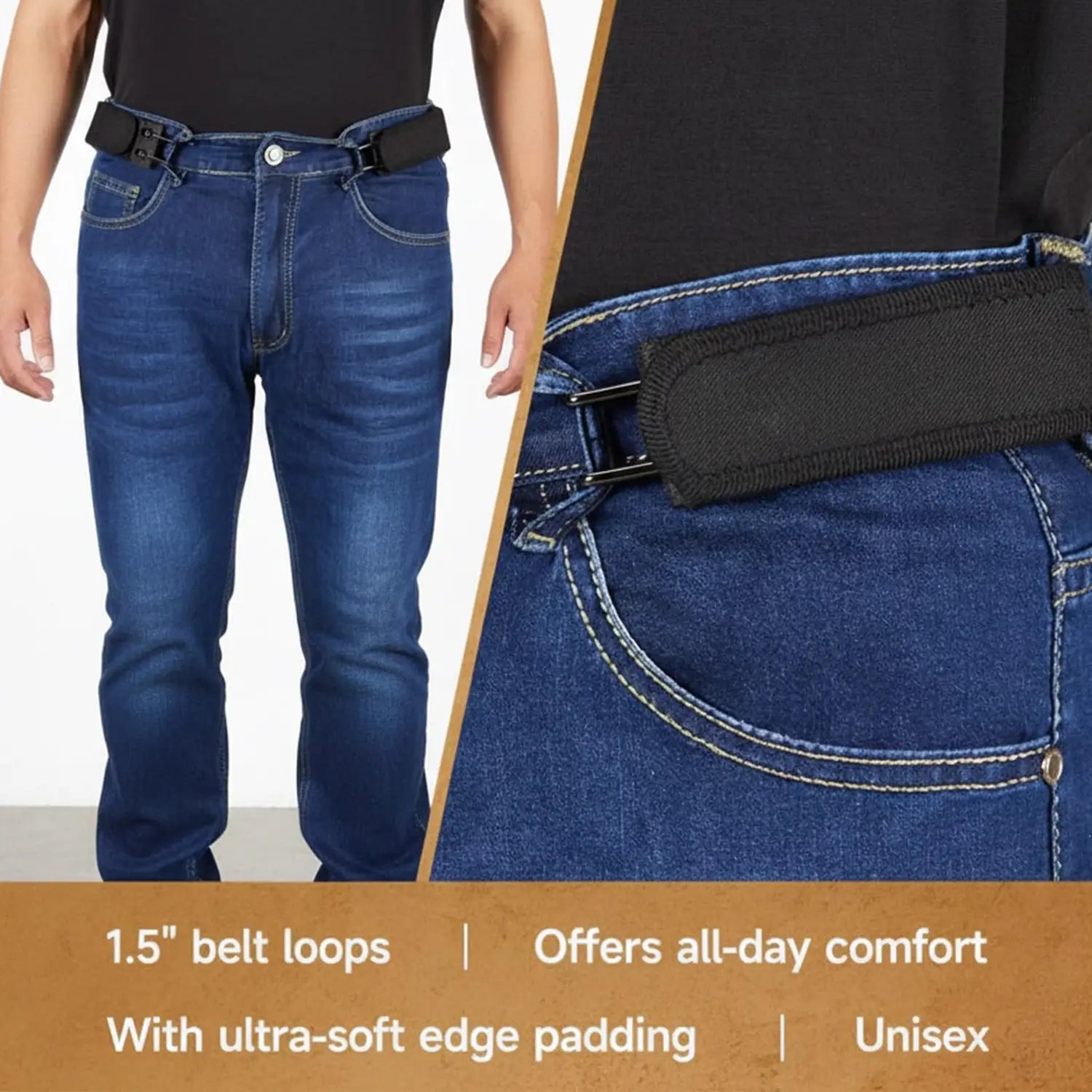 Ceinture élastique à la taille sans boucle noire, avec boucles de 3,8 cm (1,5 po) et un rembourrage à bord ultra-doux, conçue pour un confort toute la journée dans un style unisexe.