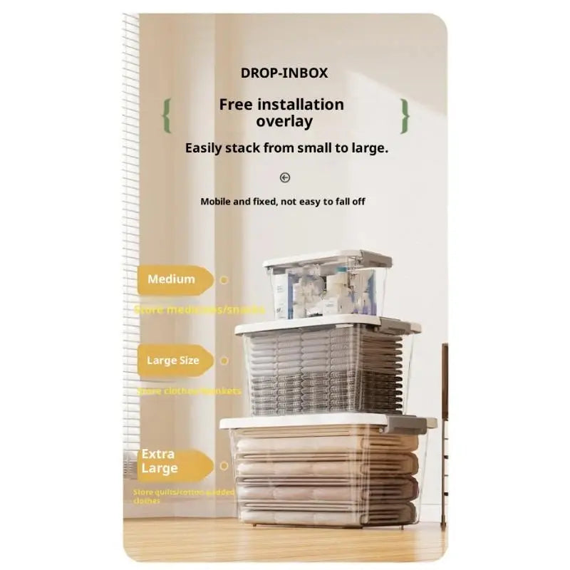 Boîte de rangement en plastique transparent avec couvercle et loquets, comprenant des bacs en plastique transparent empilables avec un motif de type grille et un couvercle de boîte transparent, taille environ grande, pour un rangement organisé