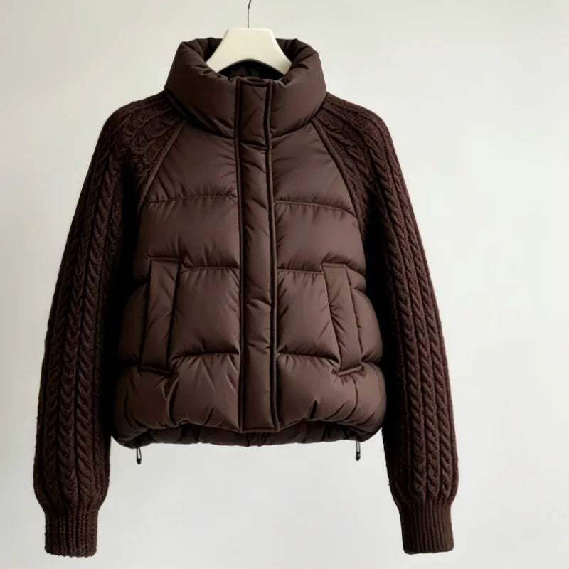Winter New Women Down Cotton Parkas Jacket Cable Knit Sleeve Spliced Stand Collar Thick Warm Short Coat Petite Ladies Outerwear
