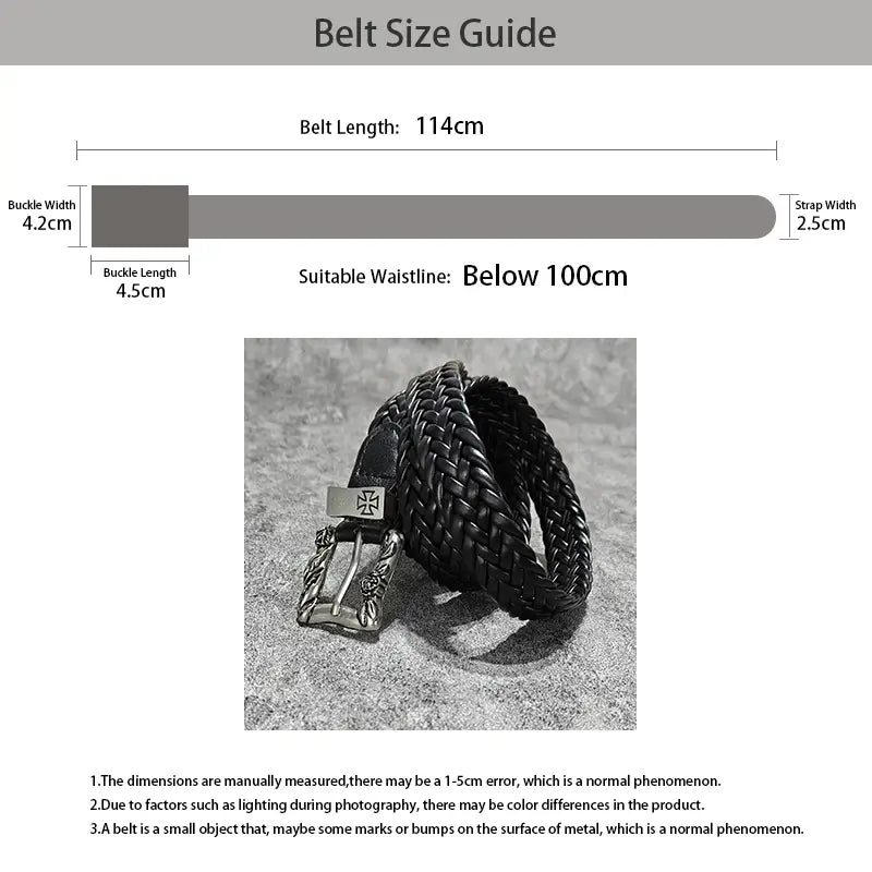 Black braided leather fashion belt male featuring a silver-toned luxury designer punk buckle with an ornate cross design.