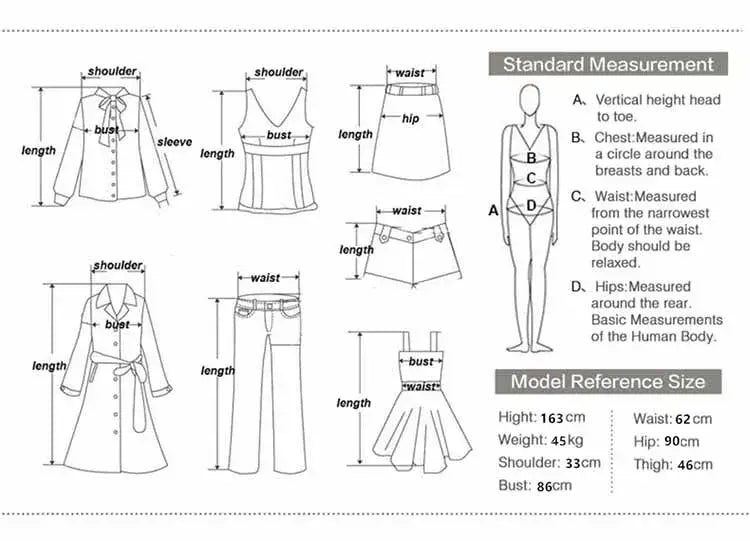 Standard human body measurement diagram with labeled dimensions for various clothing items used for women double-breasted trench coat casual windbreaker.