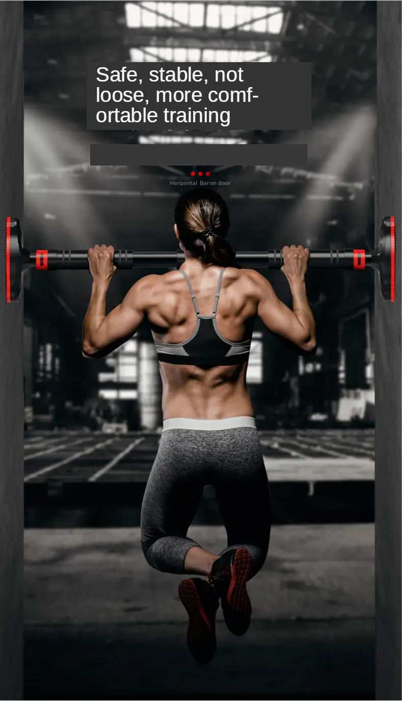 Barre de traction pour porte ajustable noire et rouge, à conception réglable, pour le fitness à domicile et l’entraînement en salle de sport.