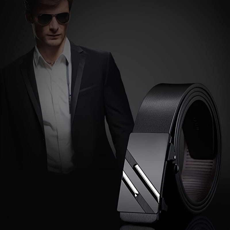 Black leather men automatic buckle synthetic leather belt with a sleek silver-toned automatic buckle featuring diagonal metallic stripes.