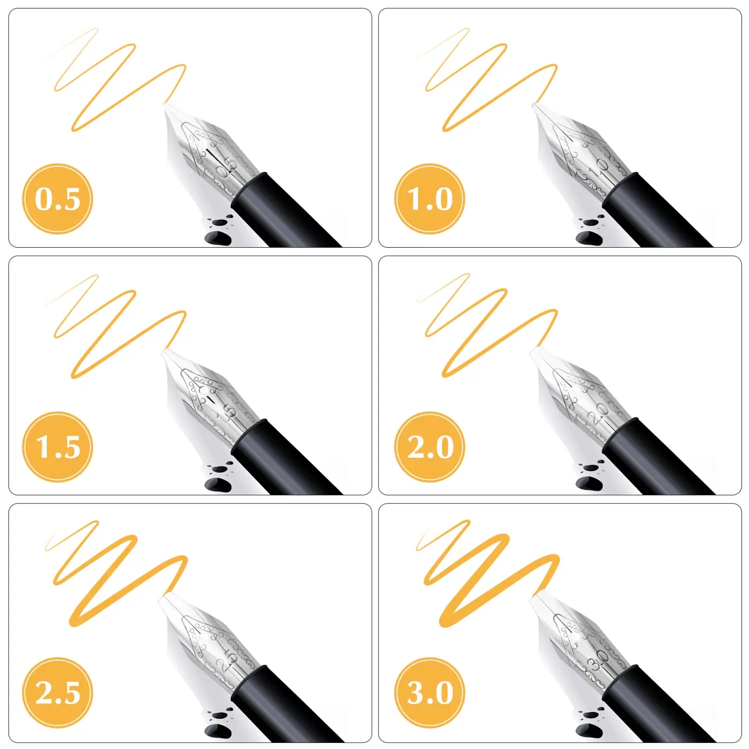 Silver-finished stainless steel fountain pen nib set with black barrels featuring varying tip widths from 0.5 to 3.0 mm for versatile writing styles.