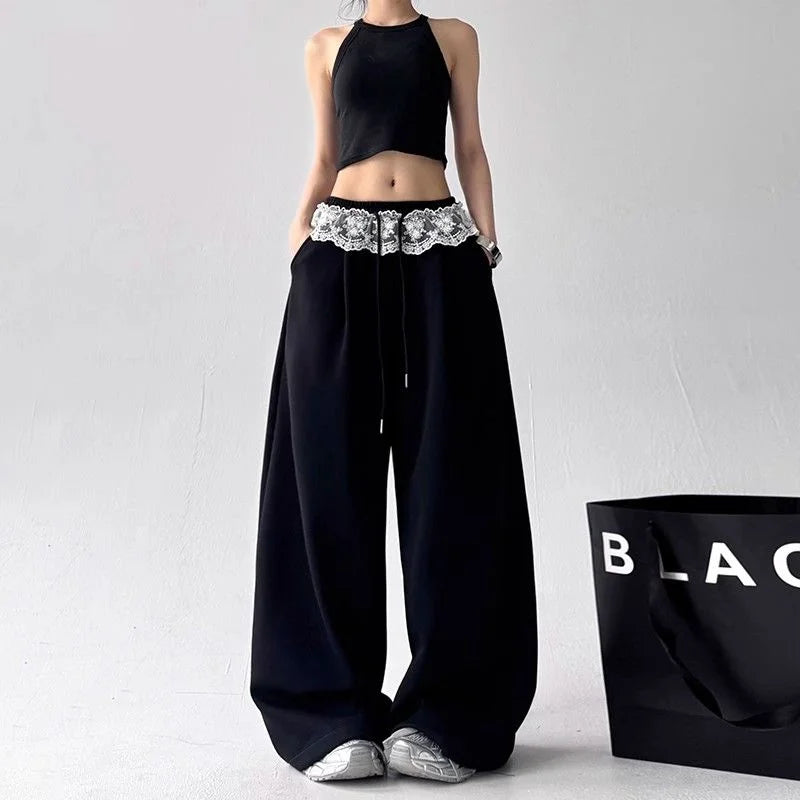 Wide-leg Pants for Women New Solid Color Loose Lace Drawstring Casual Drooping Sports