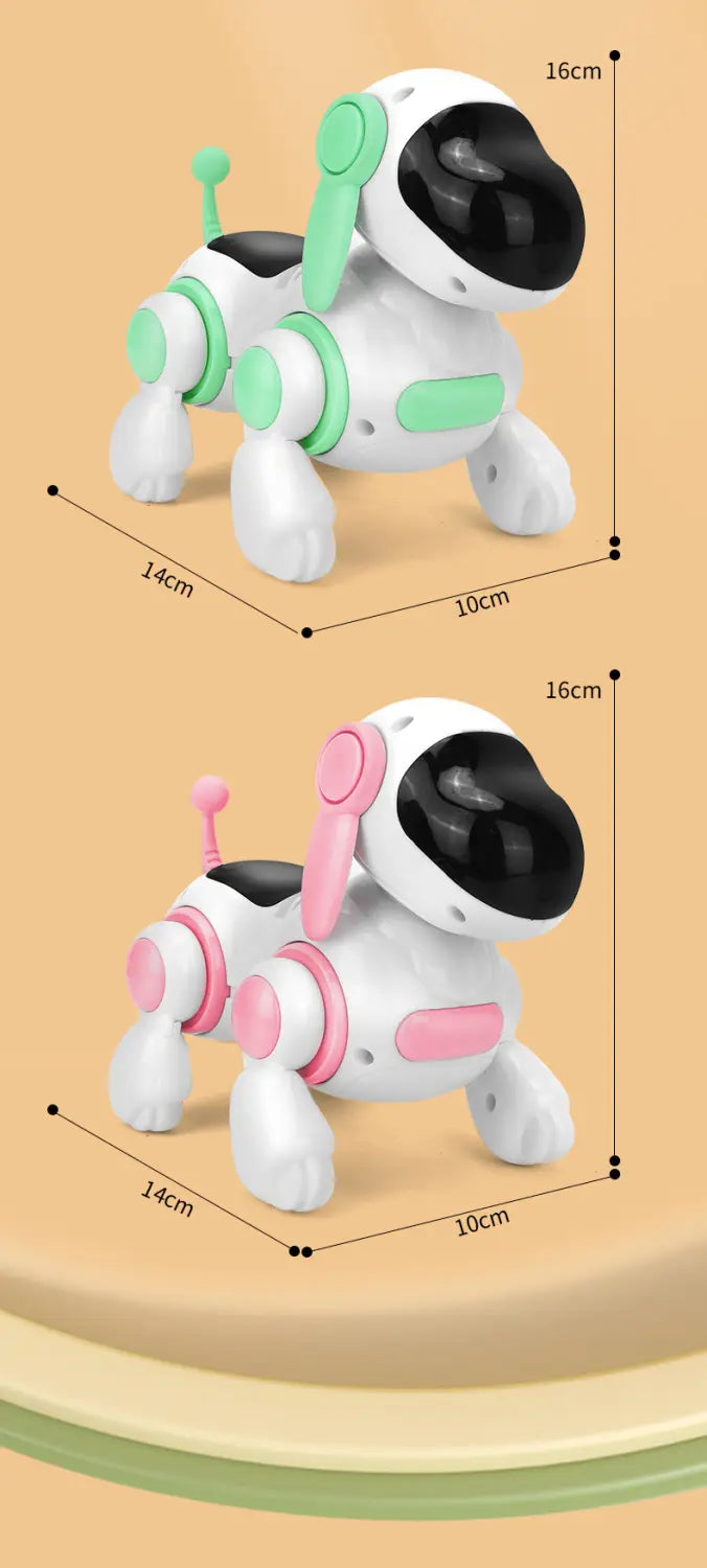 緑色およびピンク色のアクセントと、黒い目のような特徴を備えた、インタラクティブなロボット犬の歩行玩具（ロボット犬玩具タイプ）。