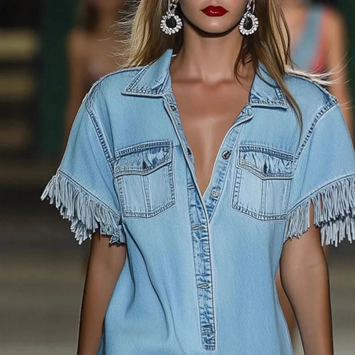 Women Dresses 2026 casual loose retro turn down collar pocket denim short-sleeved fringed mini dresses clothing vestidoes