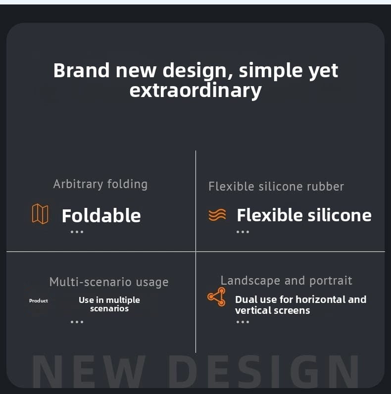 Soporte para teléfono plegable tipo perezoso con abrazadera de silicona flexible en color naranja, diseñado para uso de pantalla doble.