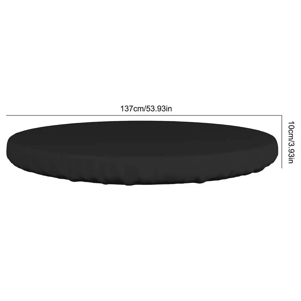 Funda de mesa de jardín al aire libre redonda impermeable en negro, con superficie lisa ligeramente acolchada, de 137 cm de diámetro y 10 cm de altura.