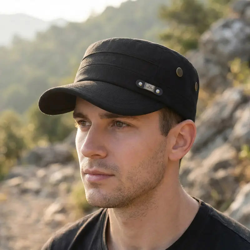 Sombrero de hombre negro de tela con protección UV, gorra plana de ala plana con visera estructurada y detalles de botones metálicos.