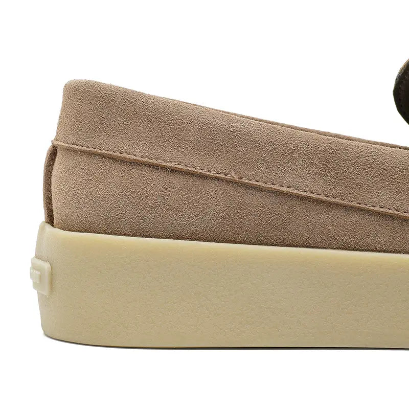 Men casual suede loafers slip on walking shoes in tan with a cream-colored rubber sole.