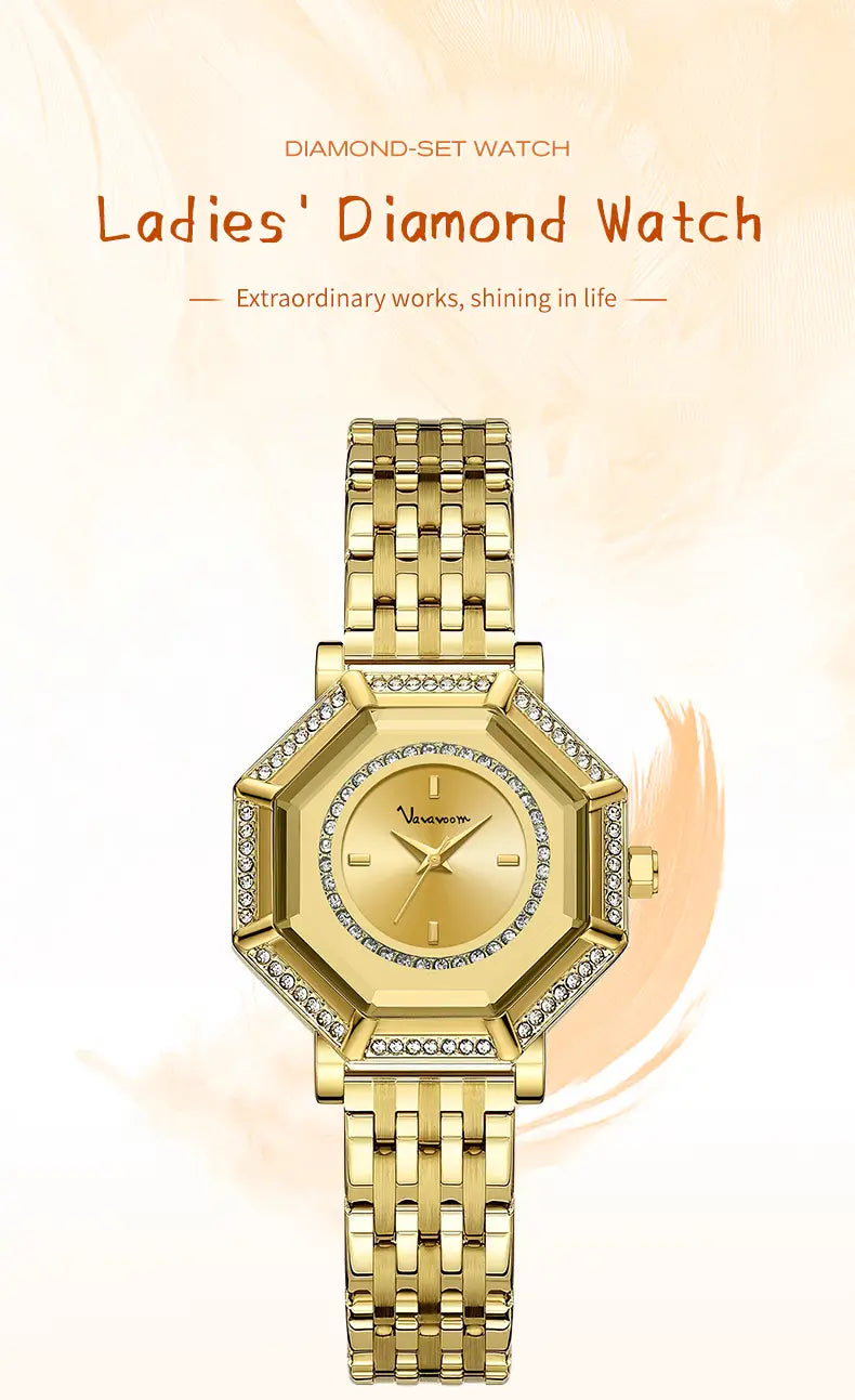 Gold-toned ladies geometric rhinestone quartz watch with an octagonal stainless steel case and bracelet adorned with sparkling stones around the bezel.