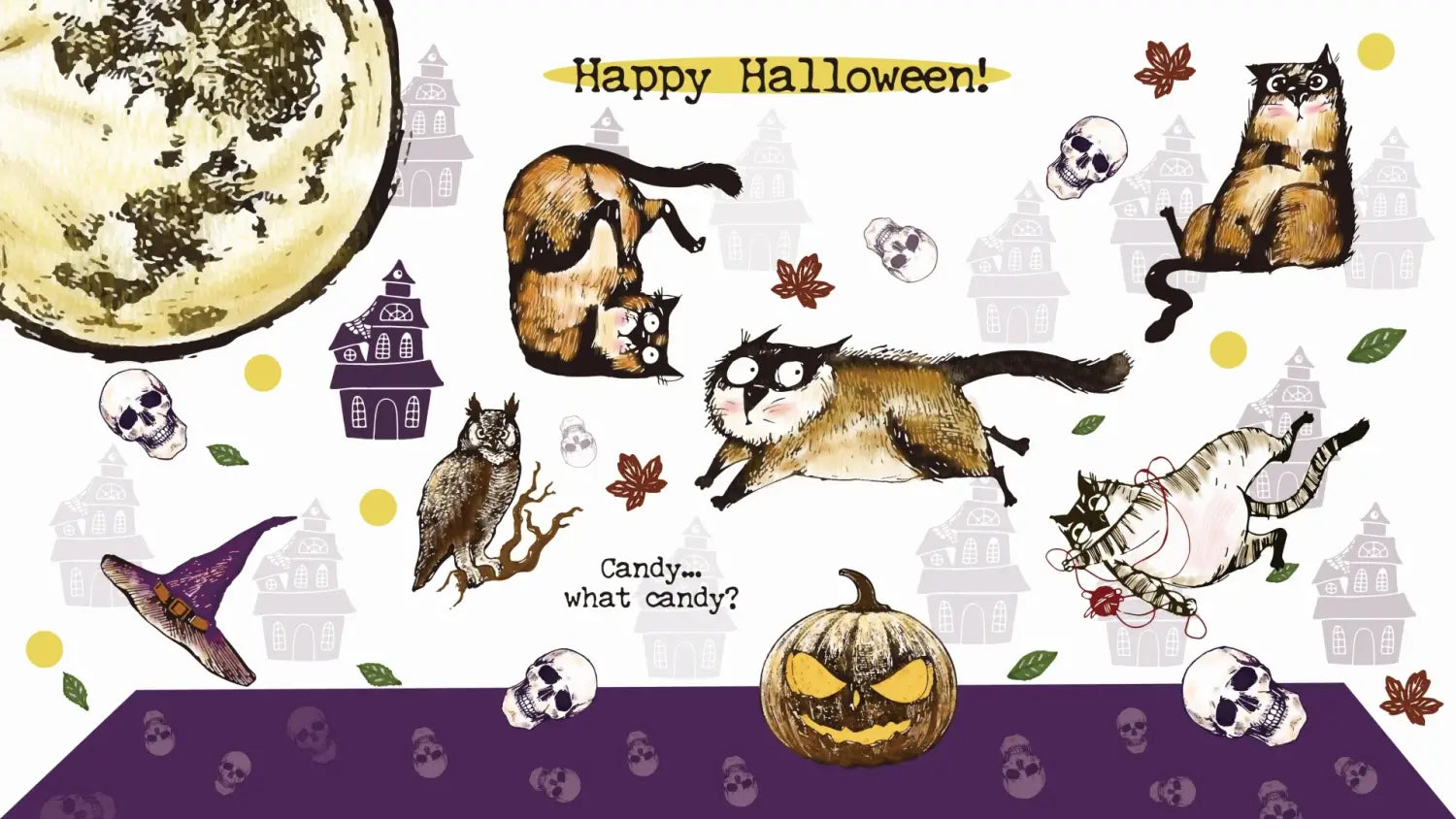 illustration of halloween-themed cartoon cats skulls pumpkin and haunted houses in brown purple and yellow tones featured on winter animal metal cutting dies for scrapbooking.