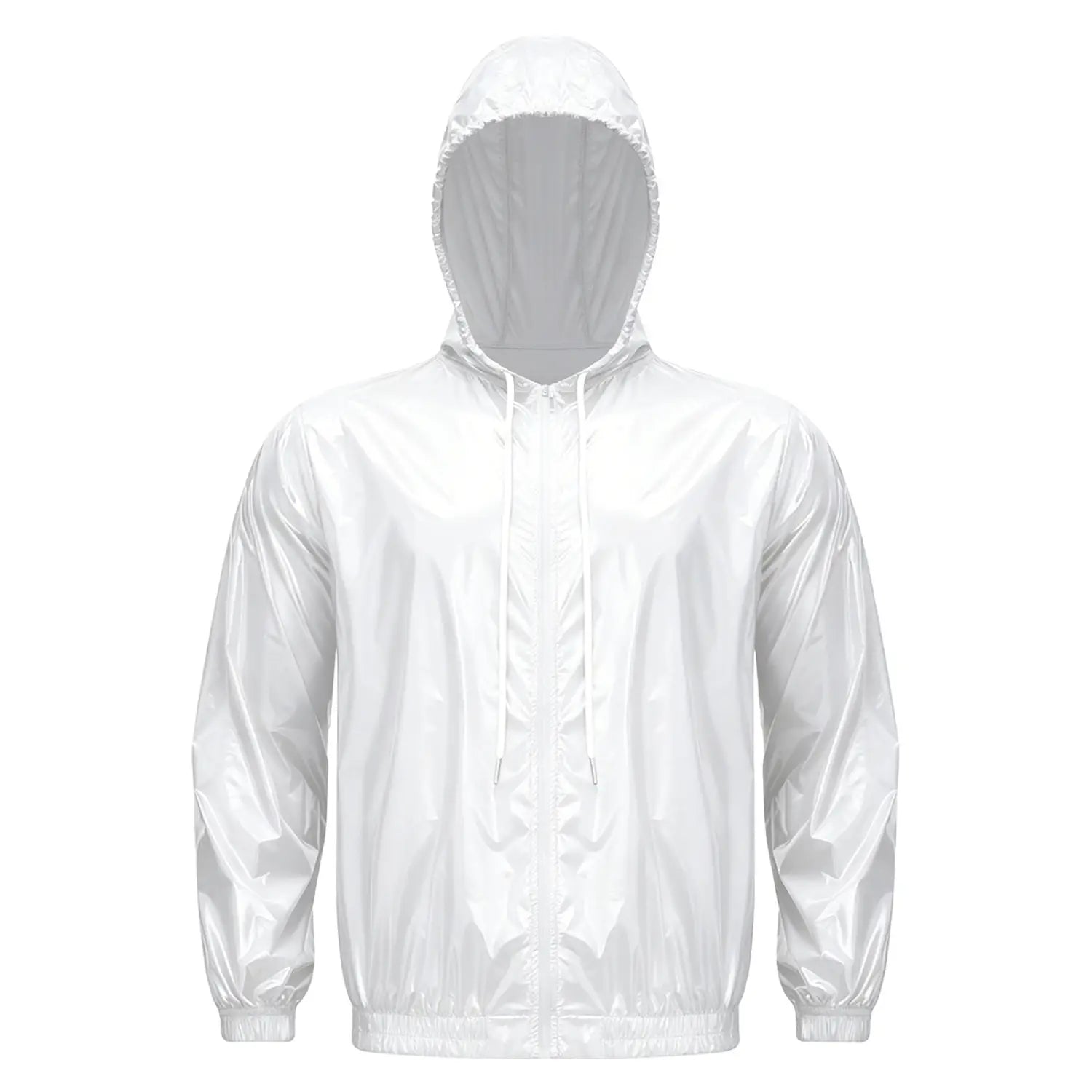Men waterproof hooded windbreaker jacket in white shiny nylon with a full-length zipper and drawstring hood.