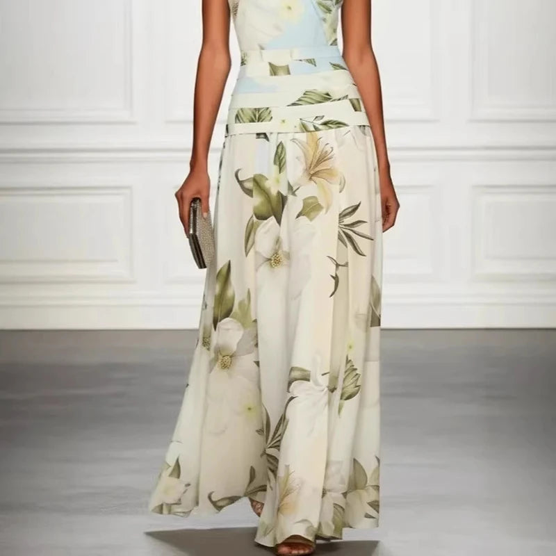 Casual Draped Swing Formal Party Dresses O-neck Sleeveless Elegant Holiday Dress Women Fashion Floral Print Slim Fit Long Dress