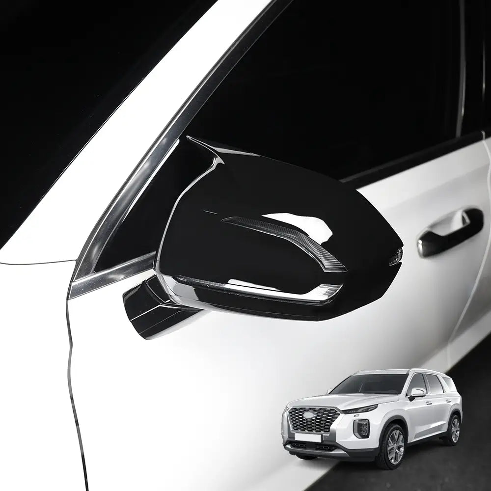 black glossy led side mirror cover for white Hyundai Palisade SUV 2020-2025 shown from the back side