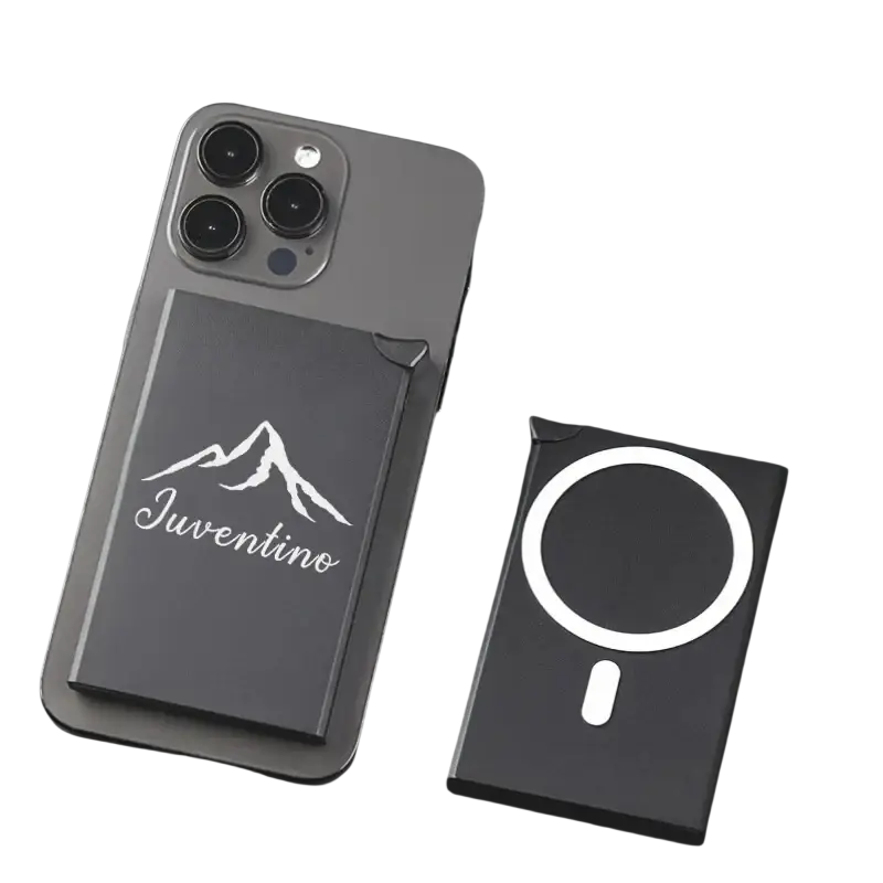 Portefeuille de carte de téléphone magnétique noir avec motif de montagne blanche et logo de Juventino, présenté de face dans un produit de portefeuille de carte de téléphone magnétique à blocage RFID personnalisé.