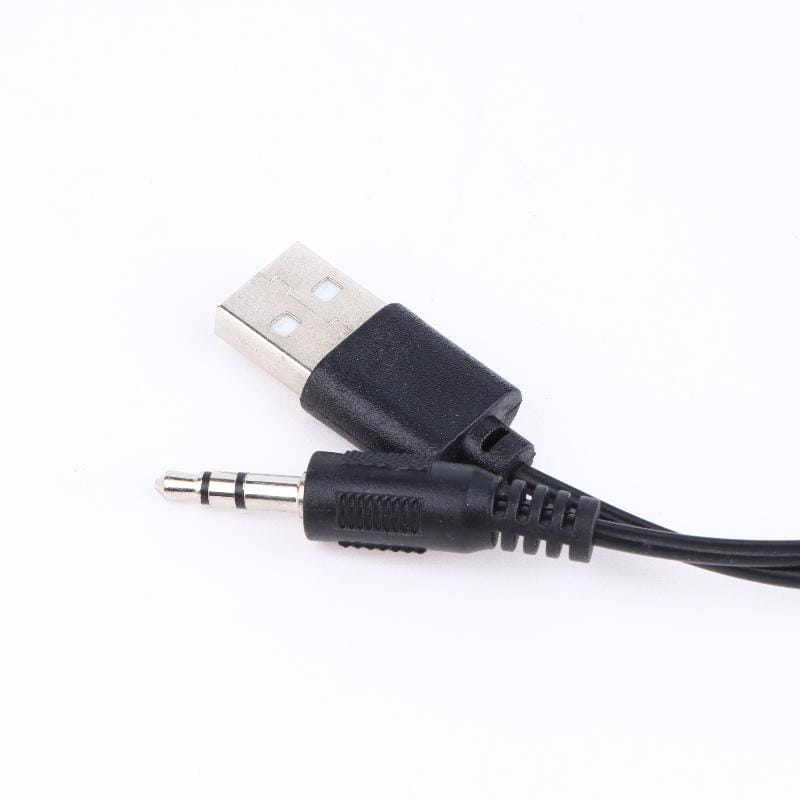 Schwarzes USB-zu-3,5-mm-Audio-Adapterkabel mit Metallanschluss und strukturiertem Kunststoffgehäuse für USB-Computerspeaker mit Mikrofon.
