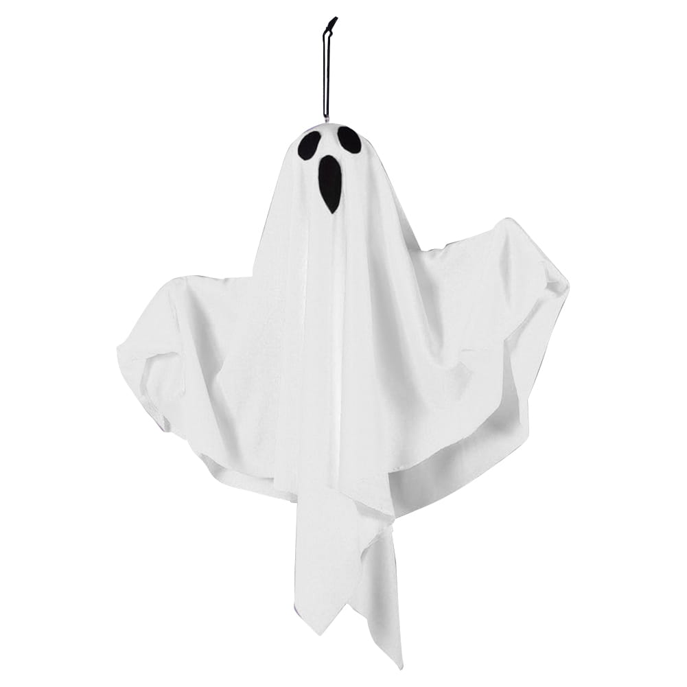 led hanging ghost halloween decoration in white lightweight fabric with black eye and mouth patches and a ghost shape.