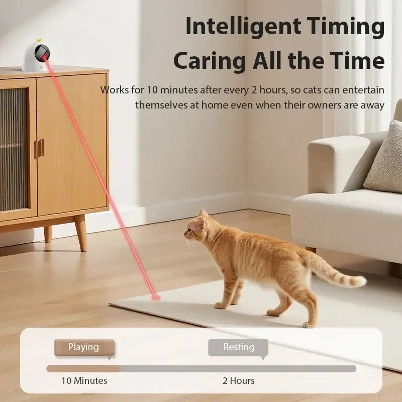 White interactive laser cat toy with rounded top and black lens emitting red beam for toys type use