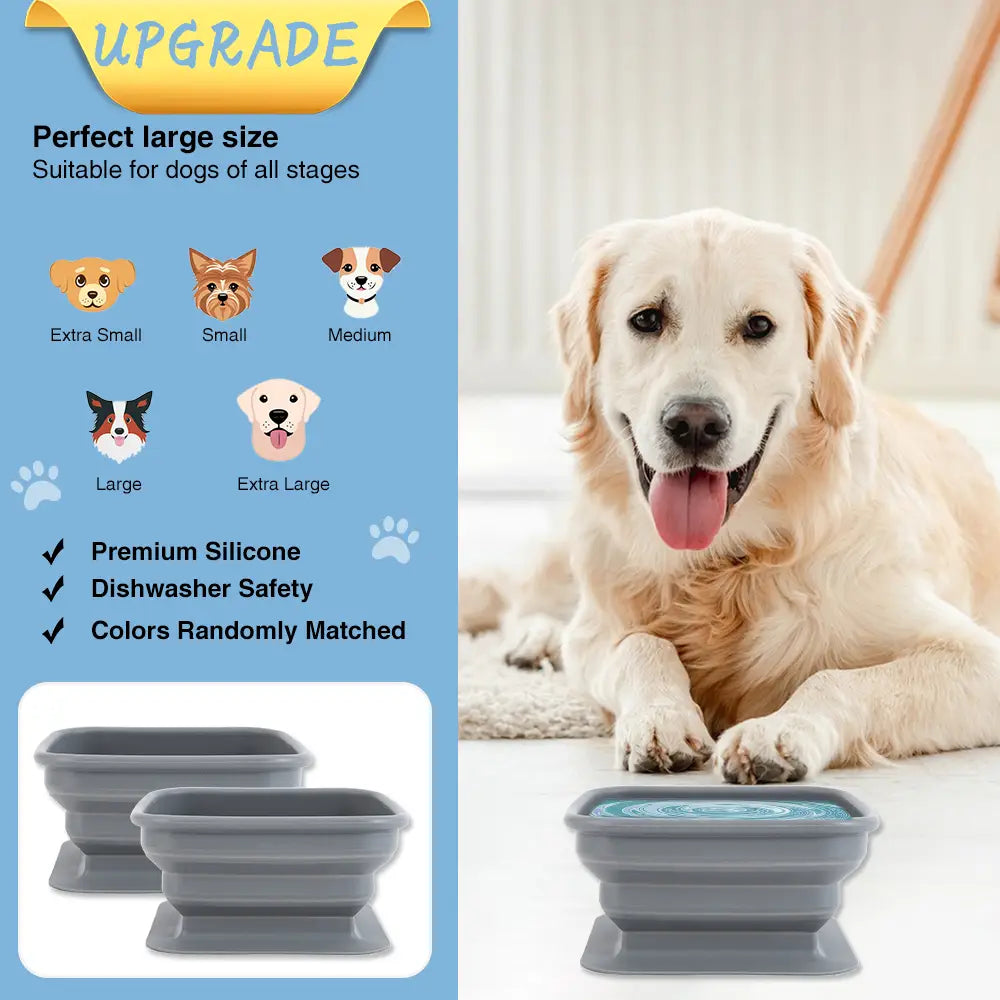 Gamelle d’eau pliable en silicone gris pour chien incluse dans un sac de voyage pour chien à fermeture éclair, afin de faciliter l’hydratation de l’animal en déplacement.