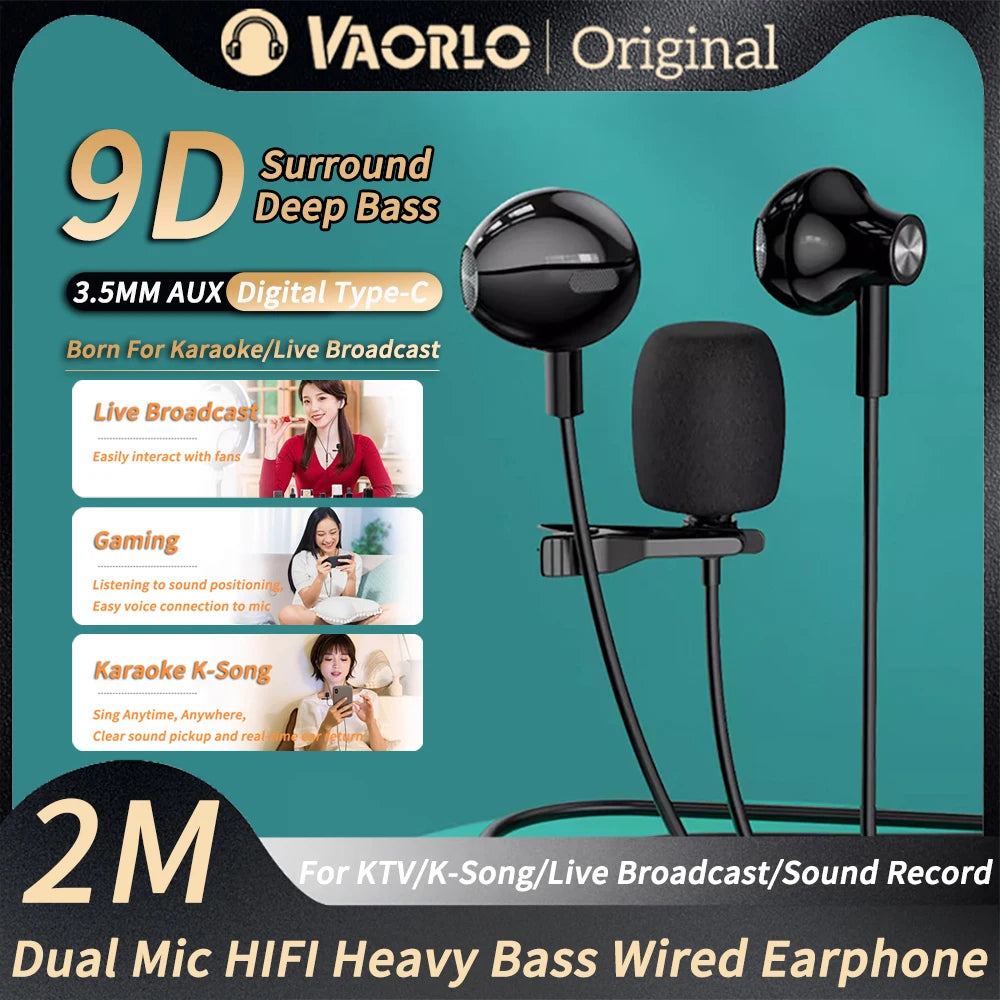 2Meters Live Streaming Karaoke Wired Earphones 9D HiFi Heavy Bass Dual Mic Headsets 3.5mm AUX/Type-C Digital Chip In-Ear Earbuds