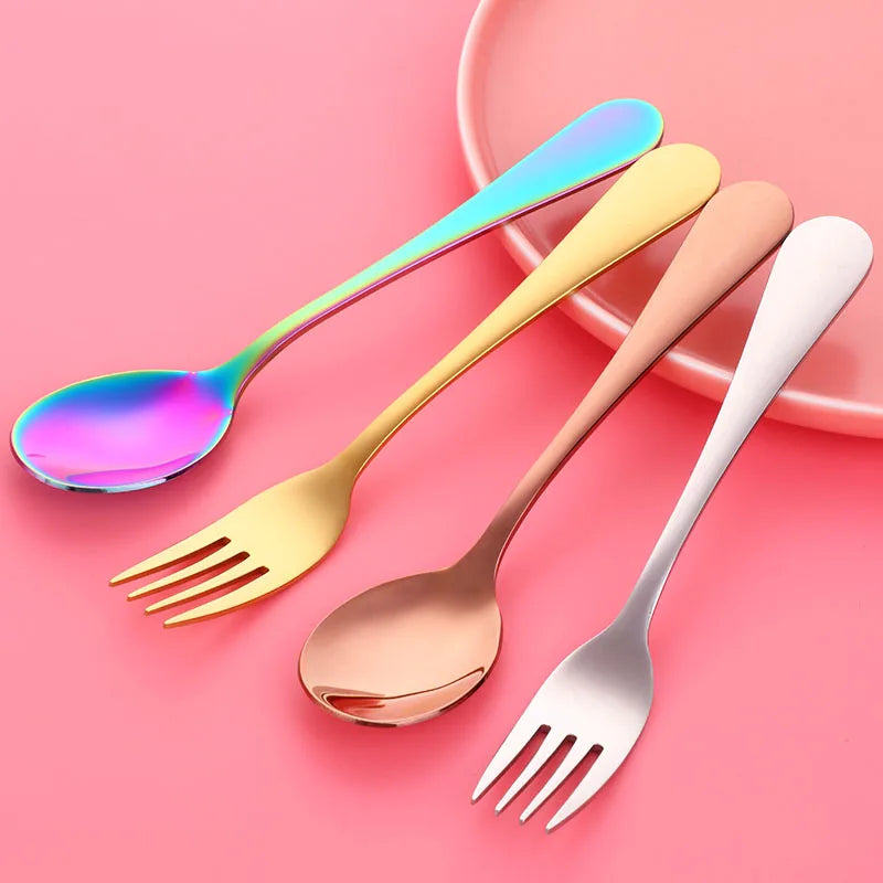 2Pcs Children Dinnerware Set Portable Student Fork Spoon Set Colorful Stainless Steel Tableware Reusable Child Food Quality