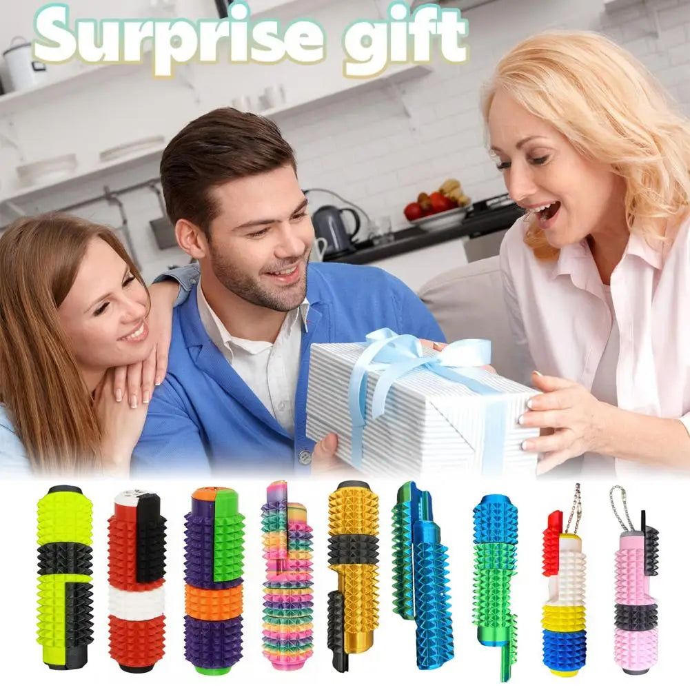 Un colorido rodillo giratorio para fidget con pinchos segmentados, con una superficie con textura, diseñado como juguete antiestrés tipo fidget 5 en 1.
