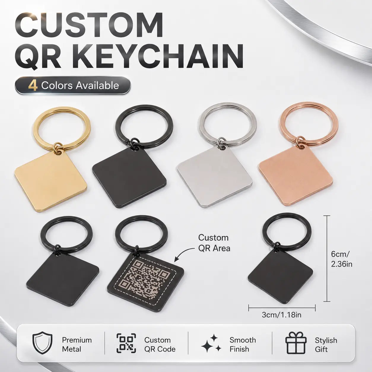 Custom qr code metal keychain with a square metal tag available in gold black silver and rose gold finishes personalized engraved gift.