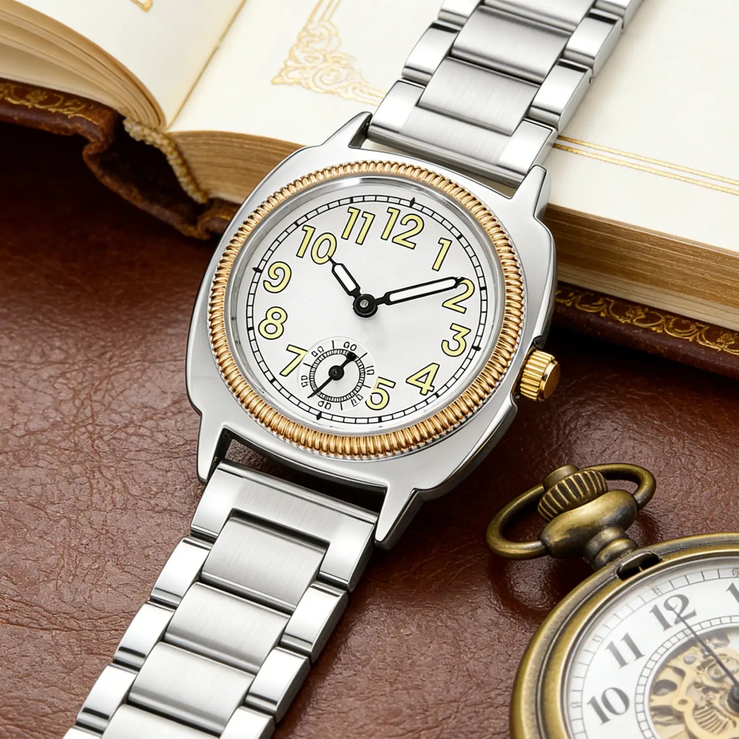 Silver and gold-tone stainless steel Pintime quartz watch for women with a white dial, yellow luminescent numerals, and a textured bezel.