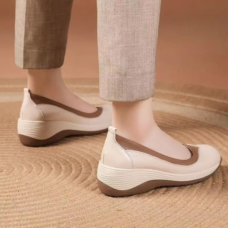 Women's Leather Wedges Casual Shoes Spring Autumn New Thick Sole Non Slip Shallow Slip On Round Toe Lightweight Work Shoes