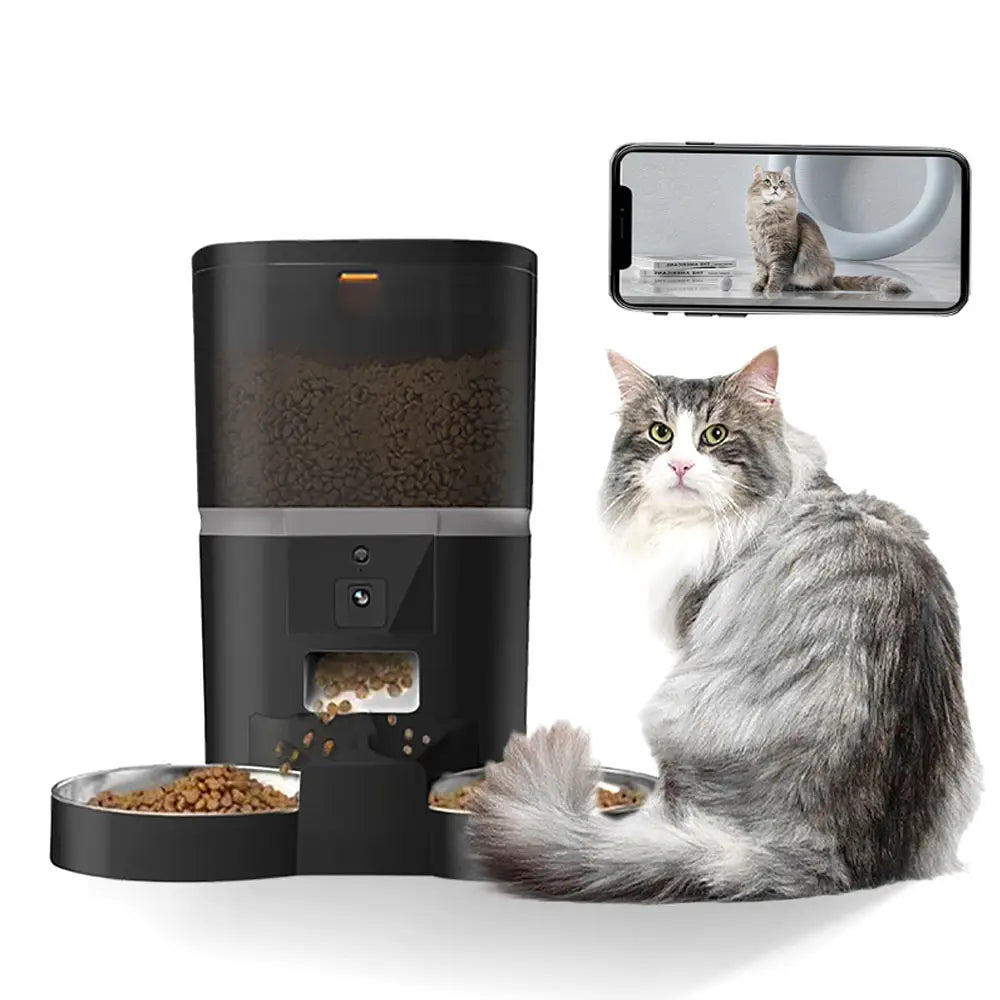 Black automatic cat feeder with transparent food compartment and dual feeding bowls featuring hd camera and app control for meal video and product description.