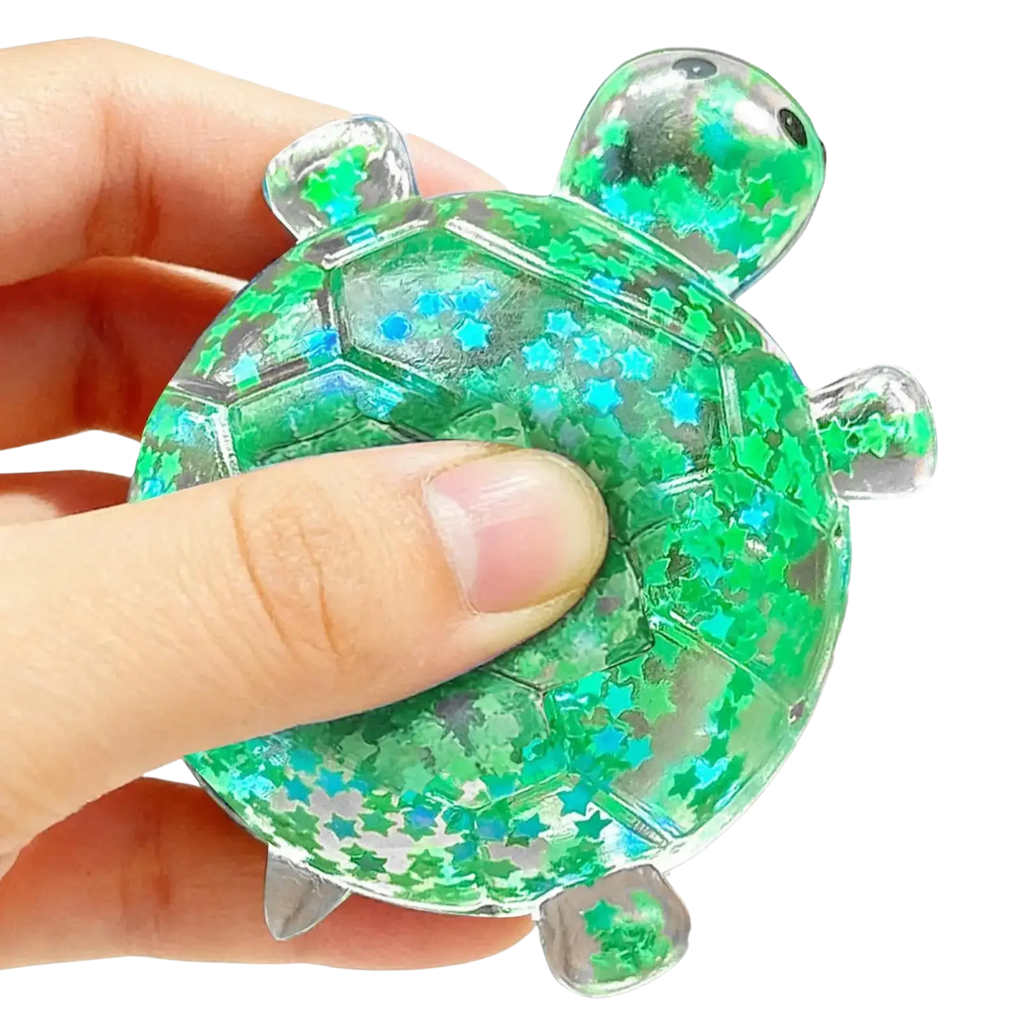 Glitter turtle squeeze toy sensory fidget with translucent green and blue star glitter in clear plastic turtle shape limbs squeeze toy