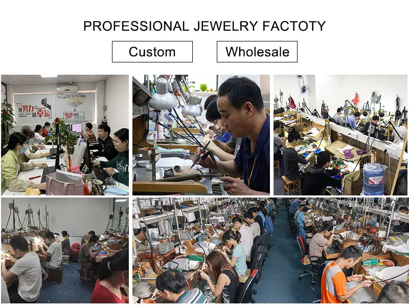 Espace de travail professionnel d’atelier de bijouterie, avec des artisans réalisant des bagues trois pierres en or 18 carats en moissanite à leur poste.