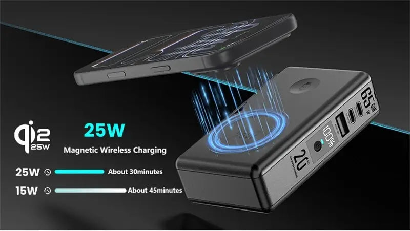 Batterie externe magnétique sans fil rectangulaire noire mate élégante avec un pad d’induction magnétique et plusieurs ports USB pour une charge rapide.
